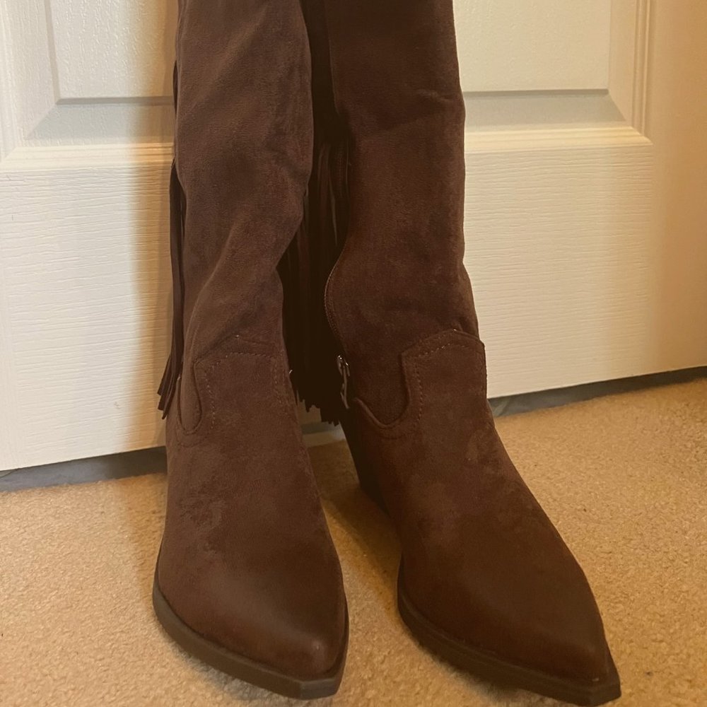 Fashion Nova Brown Heeled Boots With Fringe Detail View 5